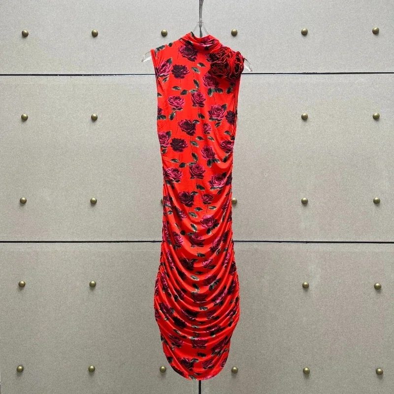 

2024 Spring Summer Red Handmade Rose Print Three Dimensional Decoration Sleeveless Pile Collar Midi Dress New High Quality