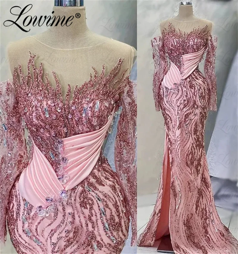 Roze Glitter Pailletten Vrouwen Avondjurken Plus Size Lange Mouwen Zeemeermin Arabische Feestjurk Voor Bruiloften Kristallen Prom Jurken