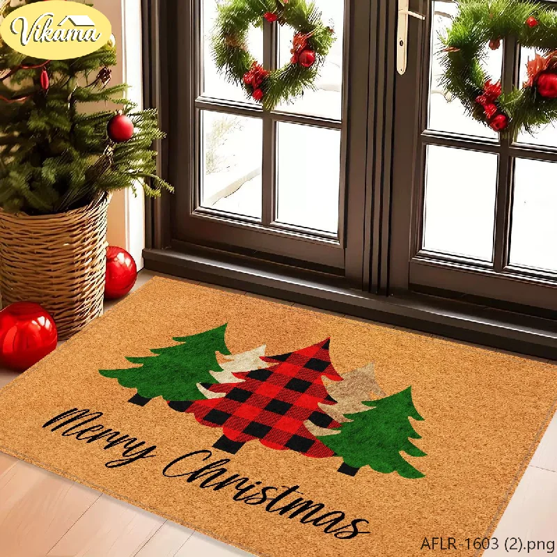 VIKAMA Merry Christmas Rug Red and Black Buffalo Check Christmas Tree Soft Non Slip Entry Mat Washable Cozy Festive Home Decor
