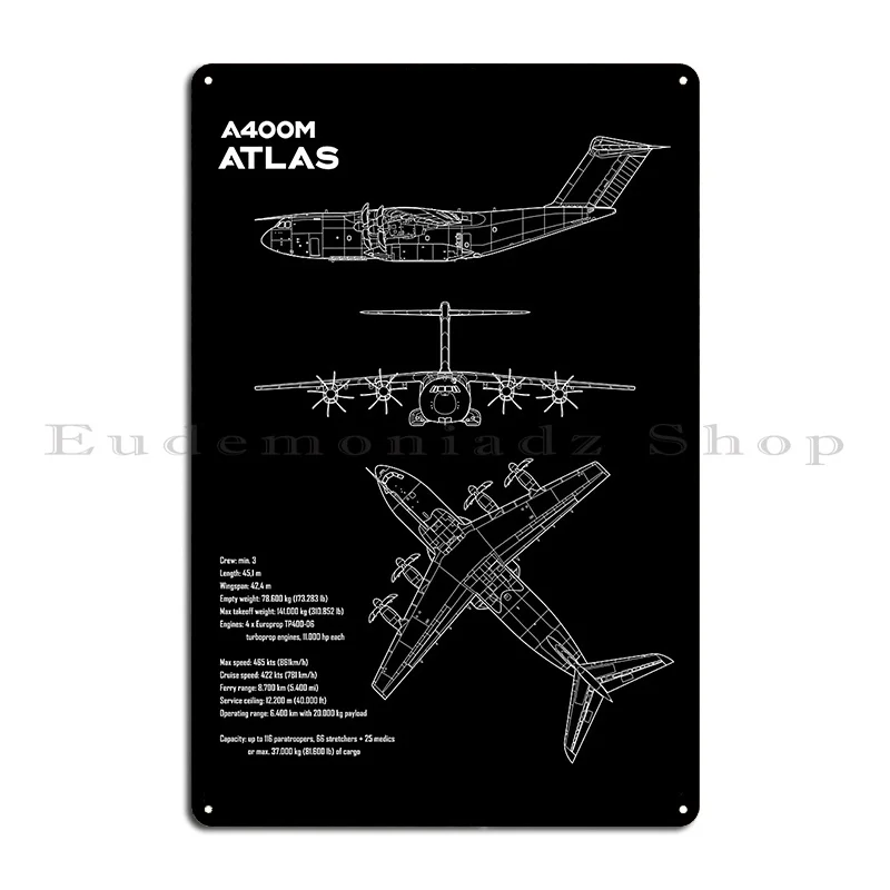 Airbus A400m Atlas Military Transport Aircraft Blueprint Metal Sign Home Pub Club Design Wall Cave Tin Sign Poster