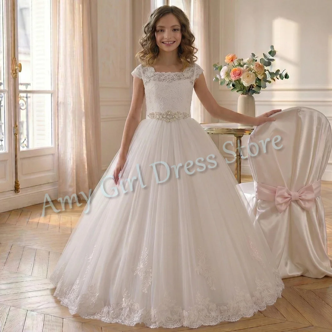 

Customized White Flower Girl Dress For Wedding Lace Tulle Crystal Floor Length Princess First Communion Banquet Birthday Gown