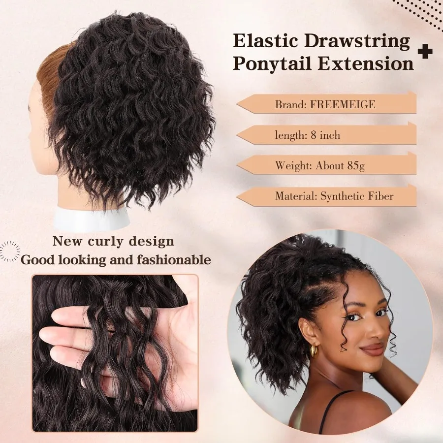 قطعة شعر مموجة برباط على شكل ذيل حصان بطول 8 بوصة للنساء ذوات البشرة السمراء، وصلة شعر صناعية سميكة وناعمة ذات مظهر طبيعي مثالية لداي