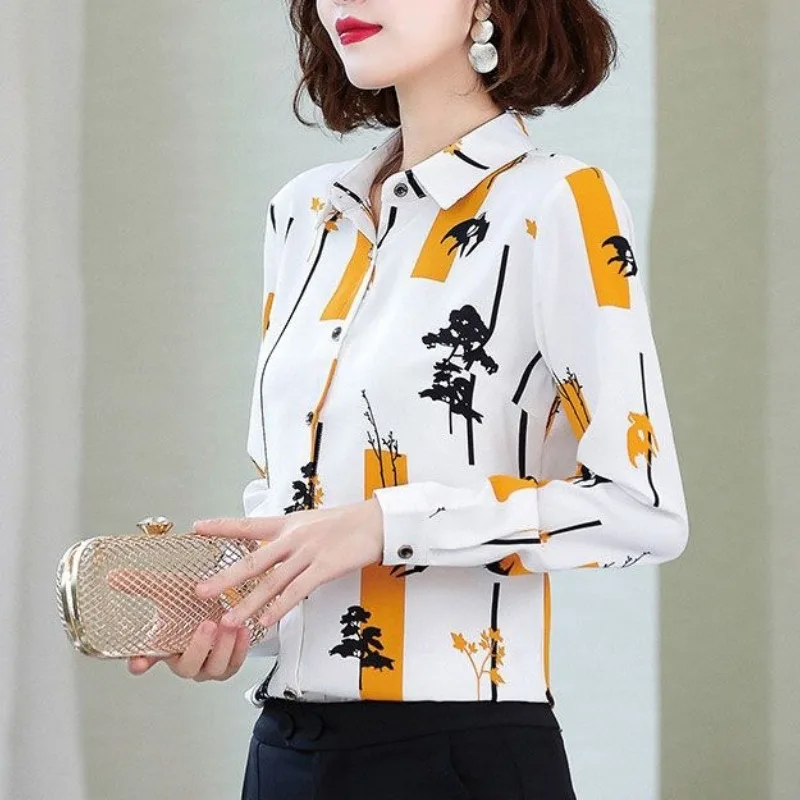 

Spring and Autumn Women's Polo Collar Contrast Geometry Abstract Single Breasted Cardigan Chiffon Shirt Coat Fashion Casual Tops