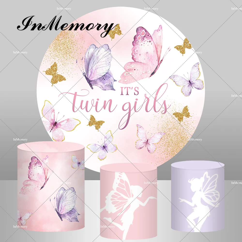 Розовый, фиолетовый, круглый фон с бабочкой для сказочных девочек, детский душ, фон для вечеринки в честь дня рождения, реквизит для фотосессии, поставщик