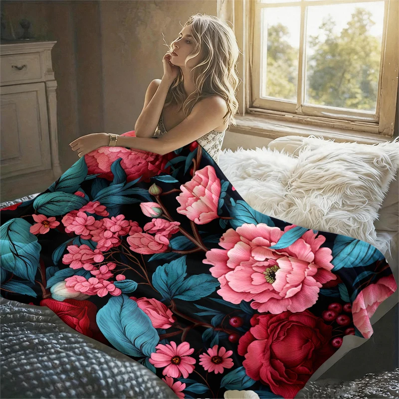 Pink Flowers Blue Berries Ultra-Soft Fluffy Flannel Blanket Super Cozy Lightweight Bed Blanket for Halloween Sofa Bed Christmas