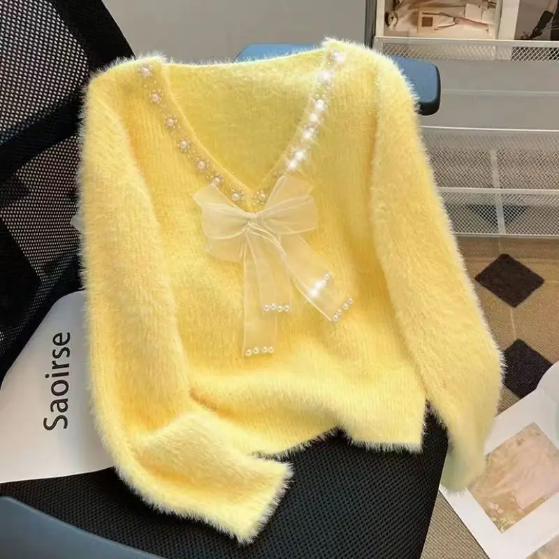 

Nice Femme Bow Sweater Women Autumn Winter New Diamonds V-neck Long Sleeve Pullovers Simplicity Sweet Patchwork Top Tee All-matc