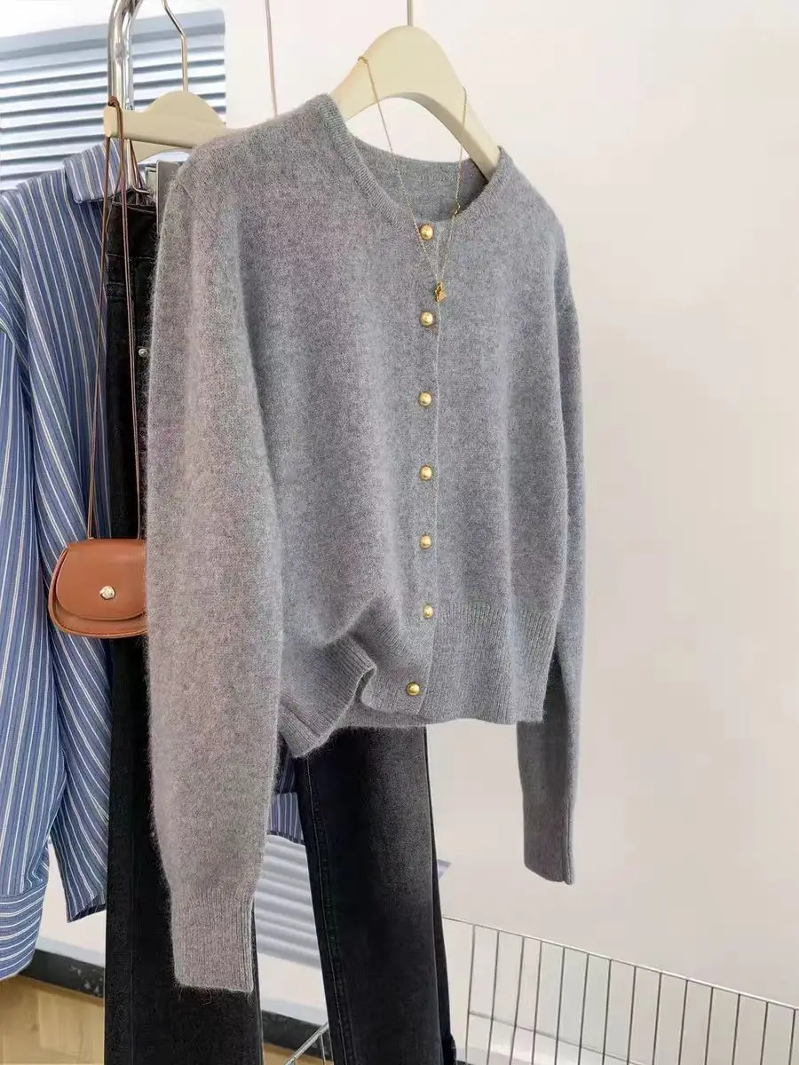 Merino 100% Wool Women's Round Neck Button Cardigan Autumn Winter Casual Fashion Cashmere Knitted Sweater