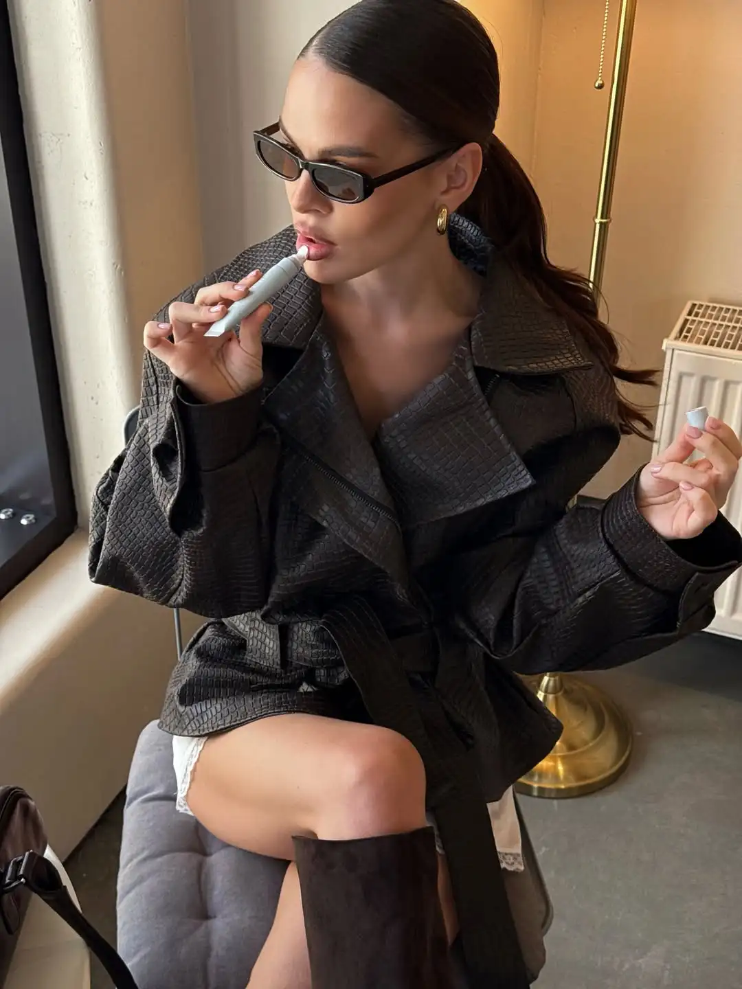 Solid Faux Leather Jacket Women Lapel Asymmetric Zipper Belted Waist Oversized Long Sleeve Coats Vintage Moto Biker Coat 2026