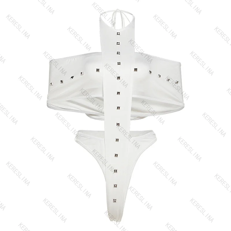 

Subcultural punk sexy hot girls style one shoulder hanging neck rivet jumpsuit summer American slim fit sexy versatile jumpsuit