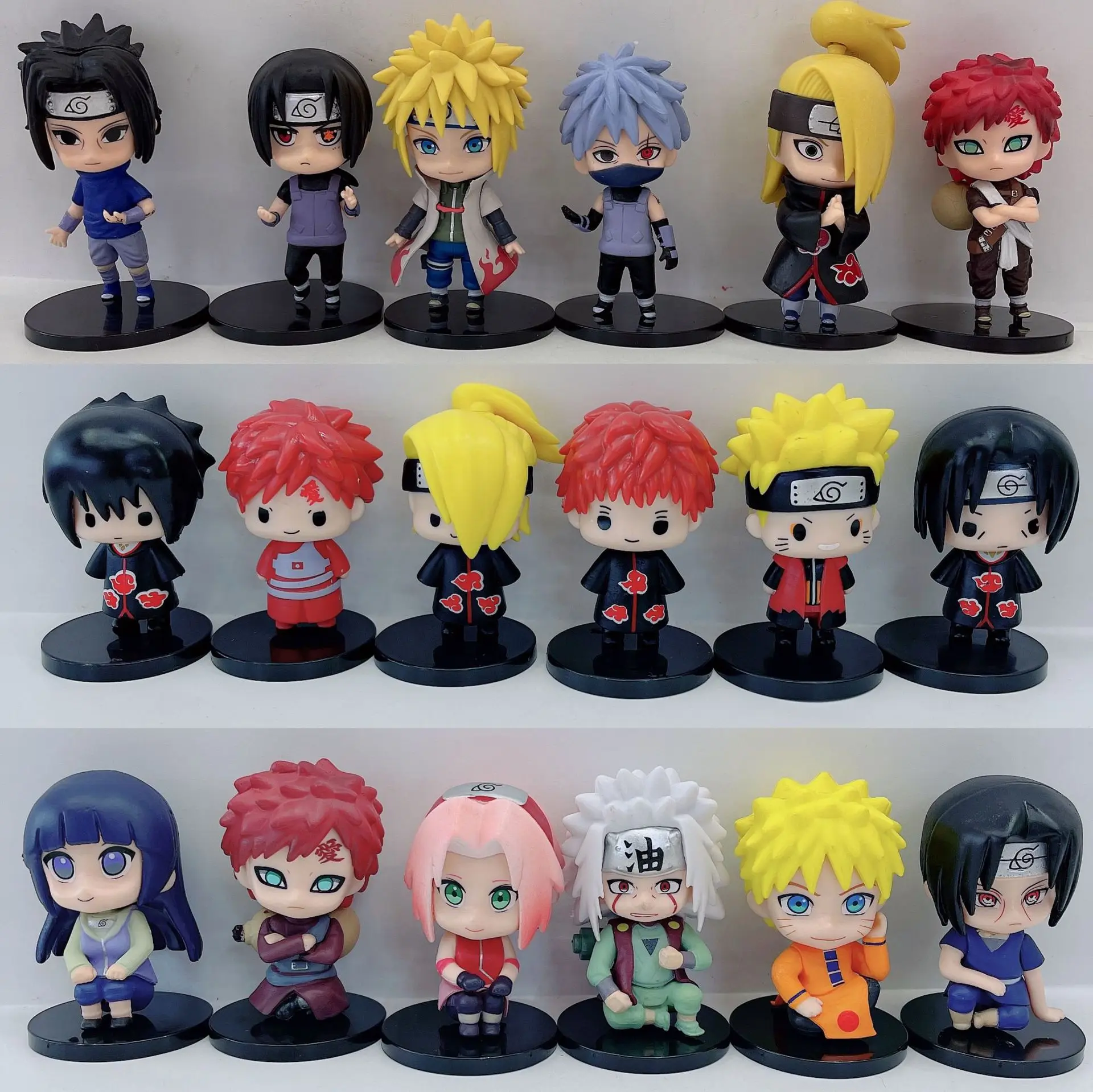 6 Pcs/Set 18 Style NARUTO 6-7cm Mini Sitting Stands Figure Wholesale Gaara Kakashi Itachi Sasuke Funny Dot Eyes Figurines