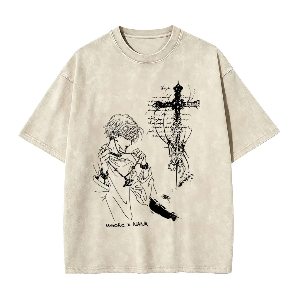 Washed Vintage Anime Black Stones T-shirt Unisex Oosaki Nana Y2k 90s Streetwear Men Women Manga Gothic Rock Oversized T Shirts view 2