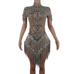 Lady Sparkle Silver Rhinestone Mesh Dress Sequins Tassels Women Birthday Party Celebrate Dress Nightclub Showgirl Stage Costumes