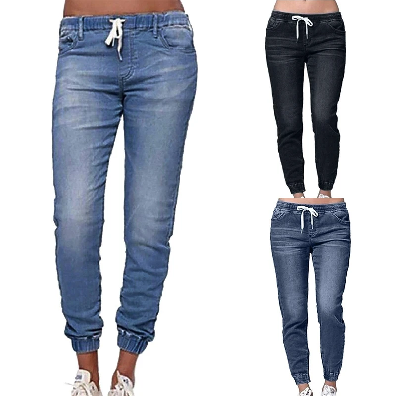 

Women Low Rise Stretch Denim Pants Adjustable Drawstring Waist Comfortable Fit Casual Trousers Elastic Waistband Ladies Jeans