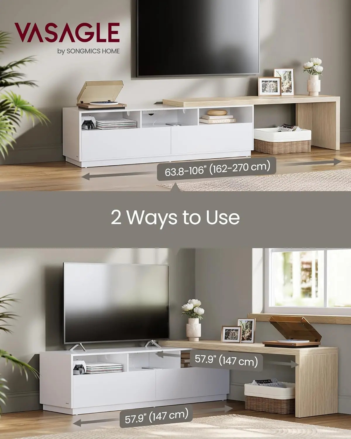 VASAGLE TV Stand with Power Outlet, Adjustable Length 63.8-106 Inches, Modular L-Shaped TV Console Table, LED Light, Fits Large