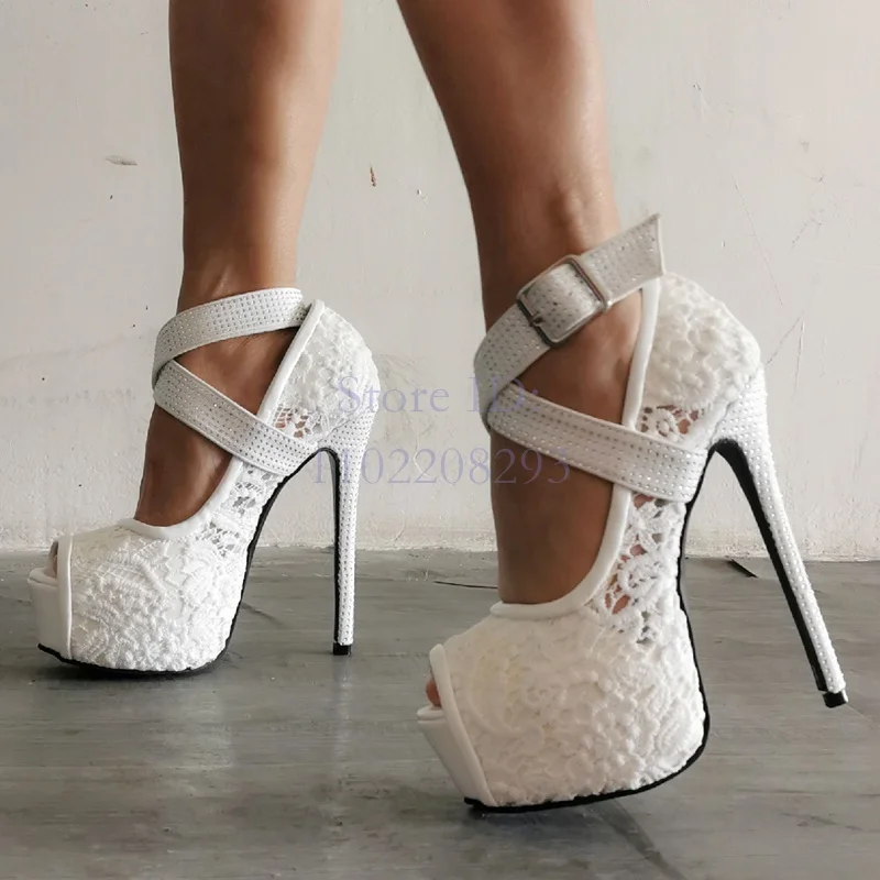 

White Lace Wedding Platform Stiletto Sandals Peep Toe Belt Buckle Strap Thin High Heels Pumps 2024 Women Elegant Dress Shoes