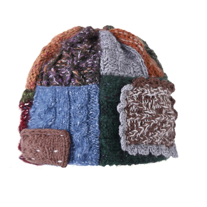 Japan Retro Handmade Knitted Colorful Wool Thread Autumn Patchwork Hat Vintage Style
