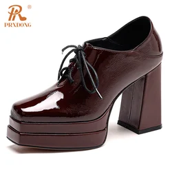PRXDONG Women's Pumps 2024 New Brand Spring Autumn Genuine Patent Leather Square High Heels Platform Lace Up Black Dress Party
