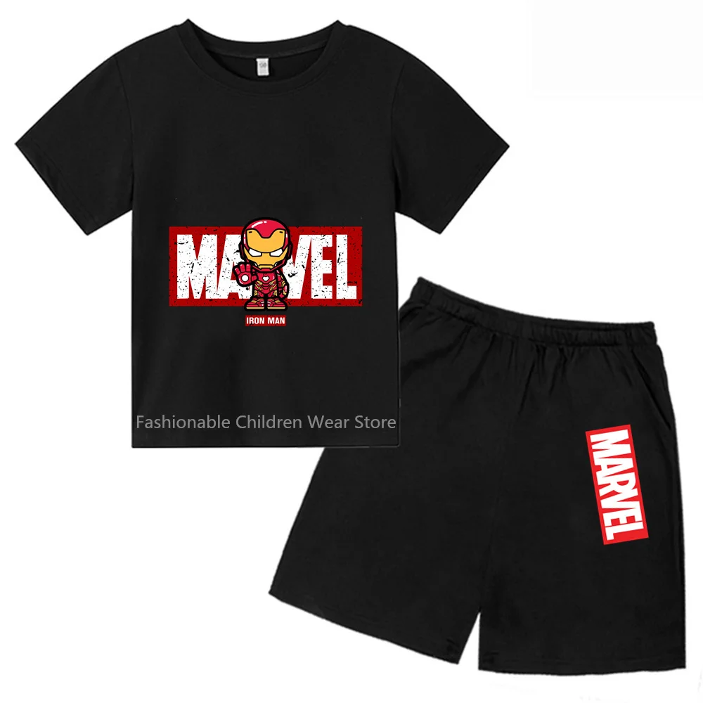 Marvel Avengers Q-Edition Iron Man Cartoon Kids' T-shirt & Shorts Set - Stylish & Cool for Boys & Girls' Summer Outdoor Fun