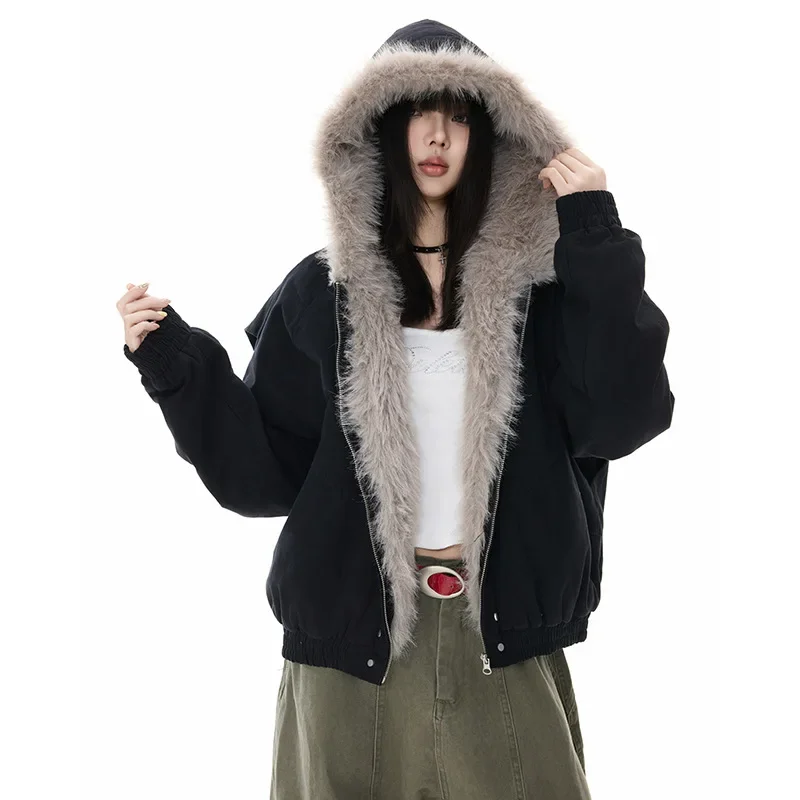 

Woman Cotton Clothes Coat Winter New American Retro Female Thicken Warm Hooded Fur Coat Advanced Plush Cotton Jacket