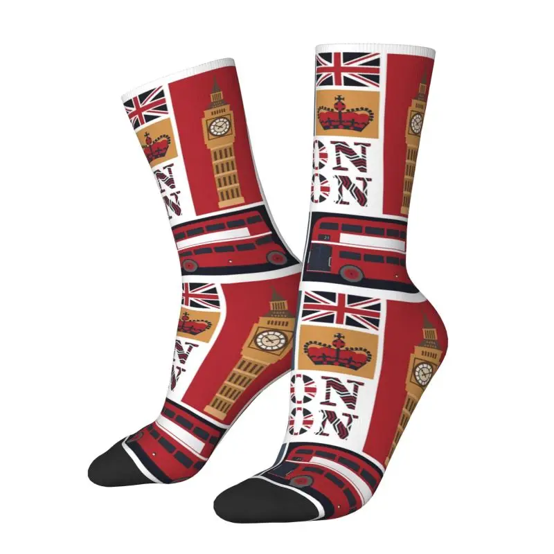 Kawaii Mens Vintage London Red Bus Telephone Booth Dress Socks Unisex Breathbale Warm 3D Print British Style Crew Socks