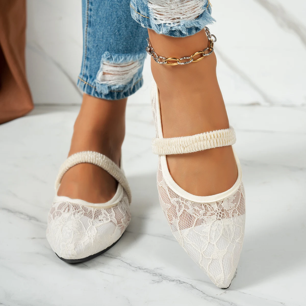 フレンチポインテッドトゥレースメリージェーンシューズ、レディースフラットスリッポンローカットシングルシューズ、春のエレガントな新スタイル
