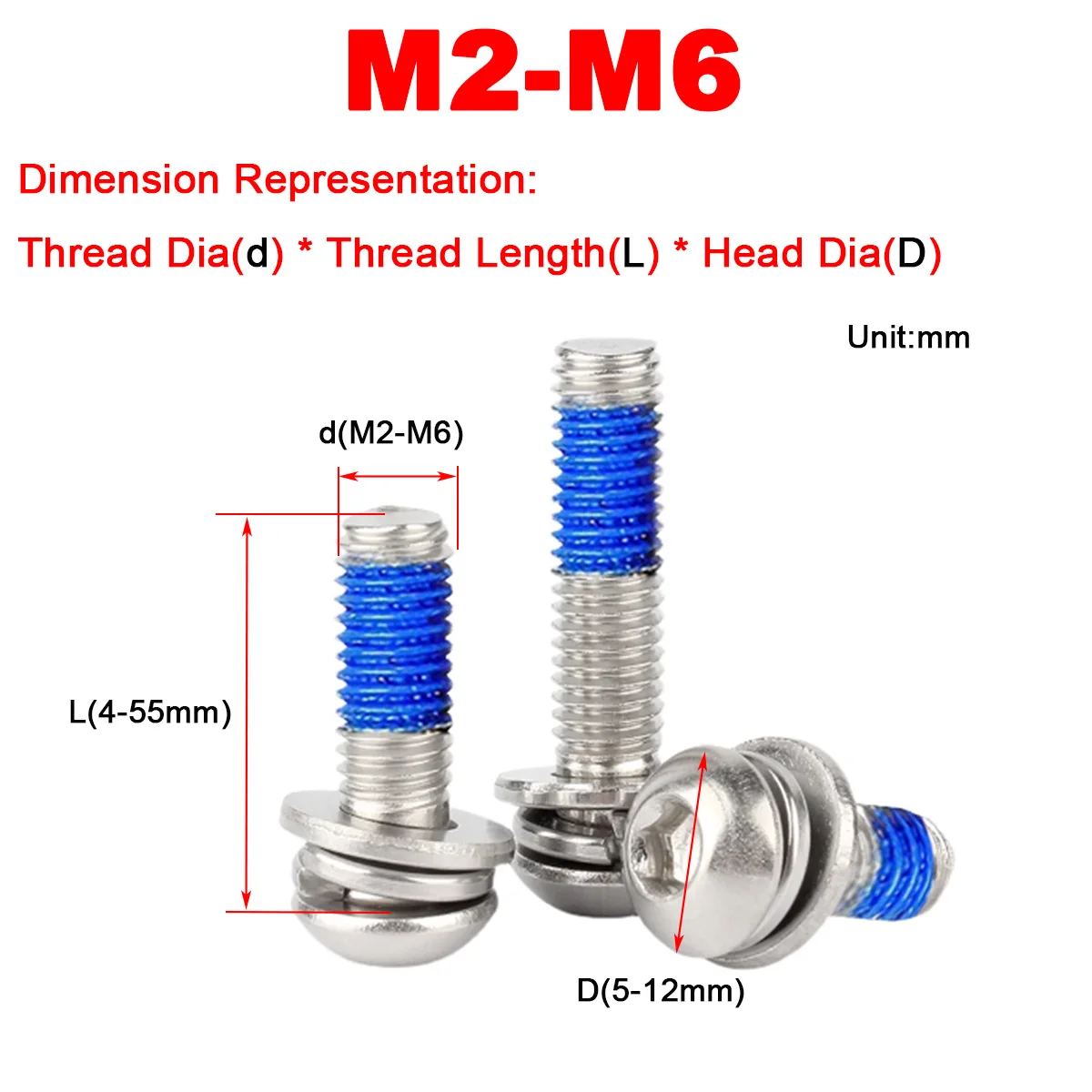 M2M3M4M5M6 304 Stainless Steel Coated With Blue Glue Pan Head Hexagonal Flat Washer Triple Combination Anti Loosening Screw