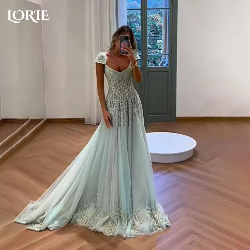 

LORIE Lace Saudi Party Dress Short Sleeve Applique A-Line Evening Dress Prom Dress 3D Flower Illusion Party Gown Club Customized