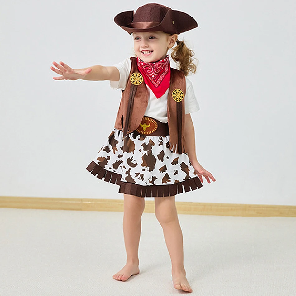 Conjunto de Fantasia de Cowgirl para Crianças com Colete, Saia e Chapéu, Roupa para Festivais e Apresentações, Fantasia de Carnaval, Natal e Halloween