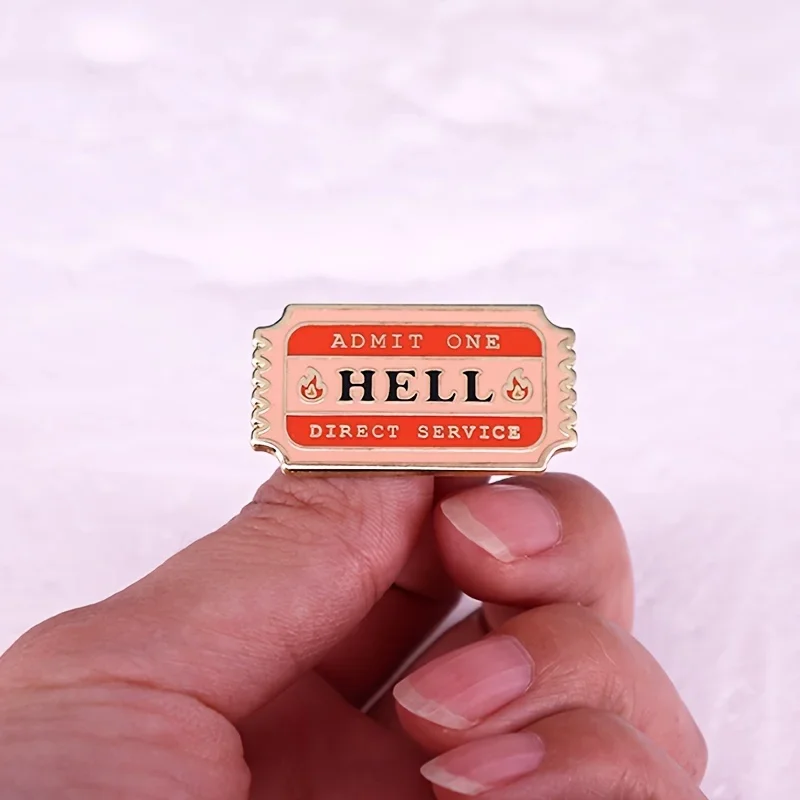 Vintage Hell Ticket Pin - Admit One Direct Service Simple Alphabet Sentence Brooch Badge