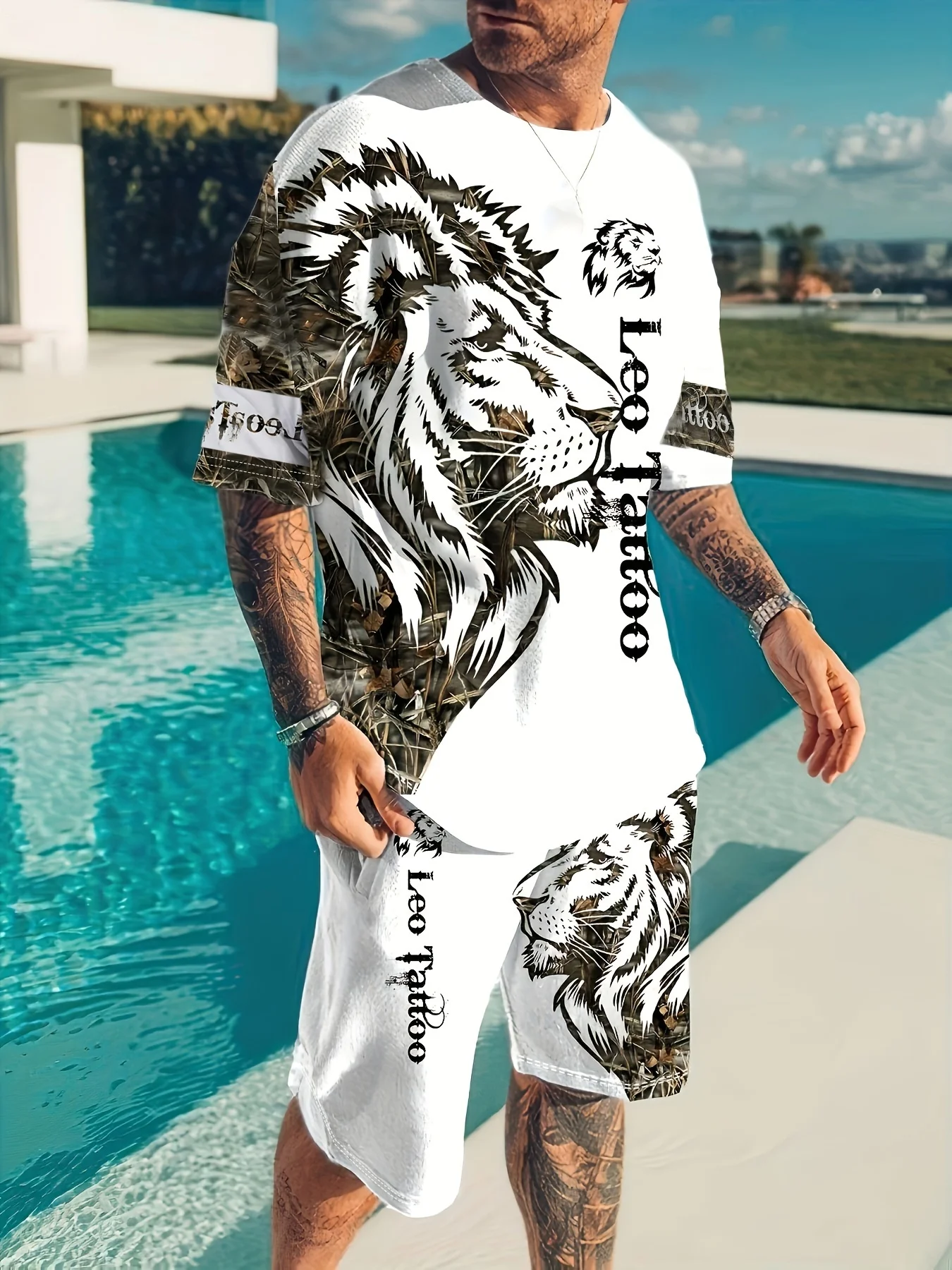 

Casual Vacation Mens Suit Fierce Handsome Lion Print Round Neck Short Sleeve Shorts Set Comfortable and Breathable Two Piece Set
