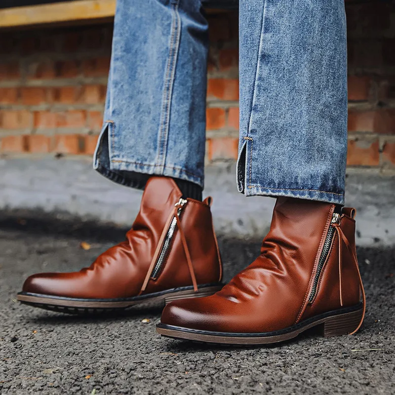 Fashion Luxury Men's Leather Chelsea Boots High-top Tassel Zip Shoes Autumn Winter Ankle Boots for Men Comfort Plus Size 38-48