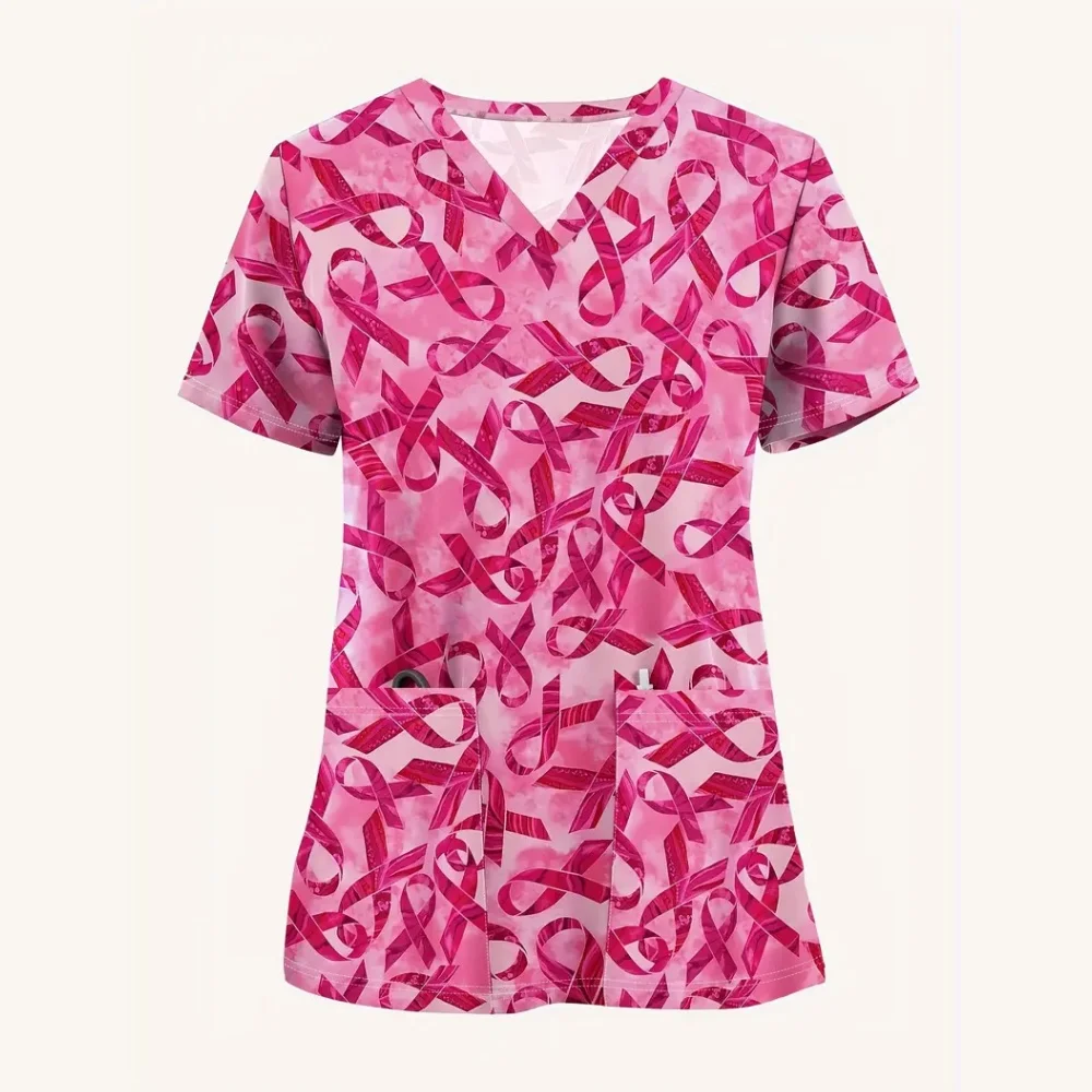 Surgical Uniforms Woman Fashion Pink Ribbon Print Medico Micro-Stretch V-Neck Love Pattern Short Sleeve Women's Medical Uniform