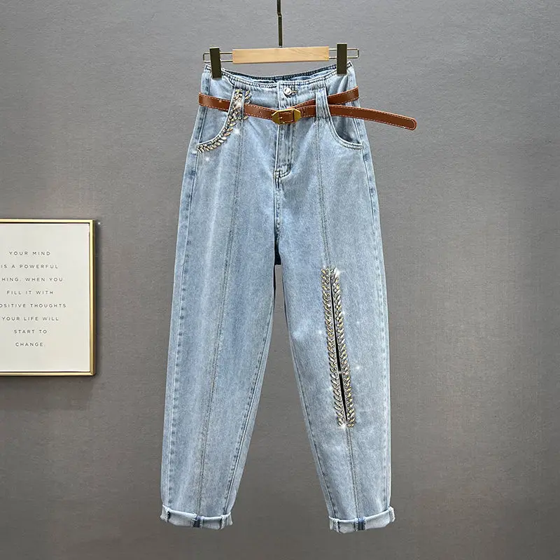 Hot Drilling Harem Jeans Female New Spring High Waist Loose Blue Denim Pants Female Buttoms