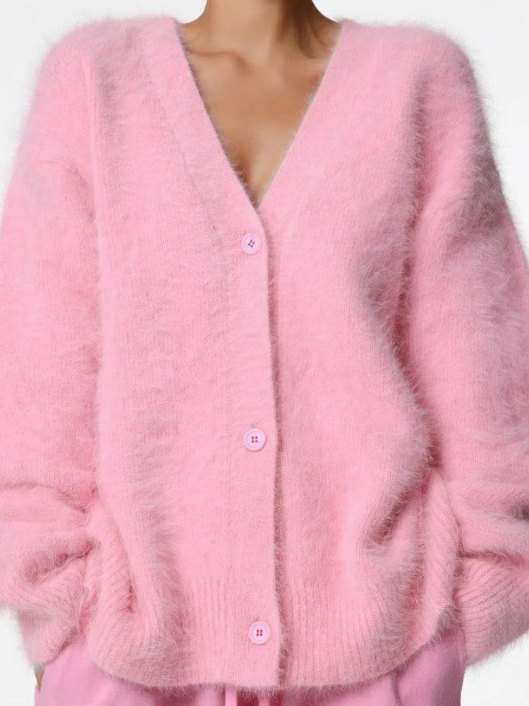 

Осень-зима, женский кардиган, свитер, куртка, однотонный универсальный свитер из искусственного меха норки, свободный женский вязаный топ с v-образным вырезом