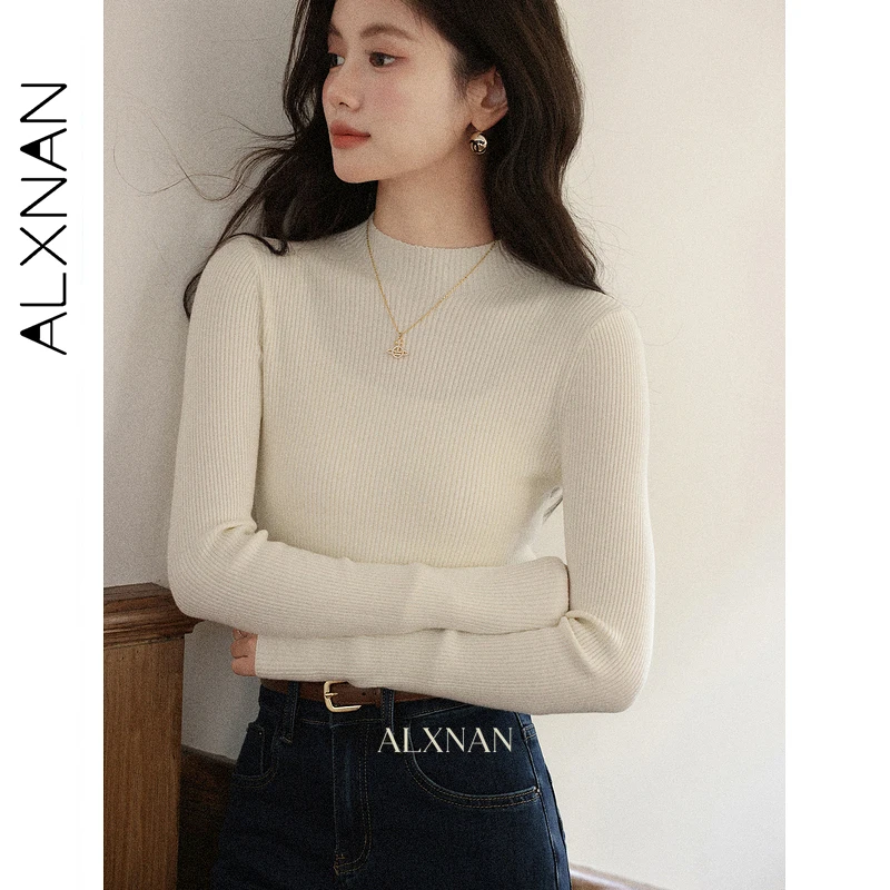 ALXNAN Damen-Strickpullover, einfarbig, lange Ärmel, normale Schulter, halbhoher Ausschnitt, 2025, neues Herbst-Schlankheits-Layering-Top L57570-1