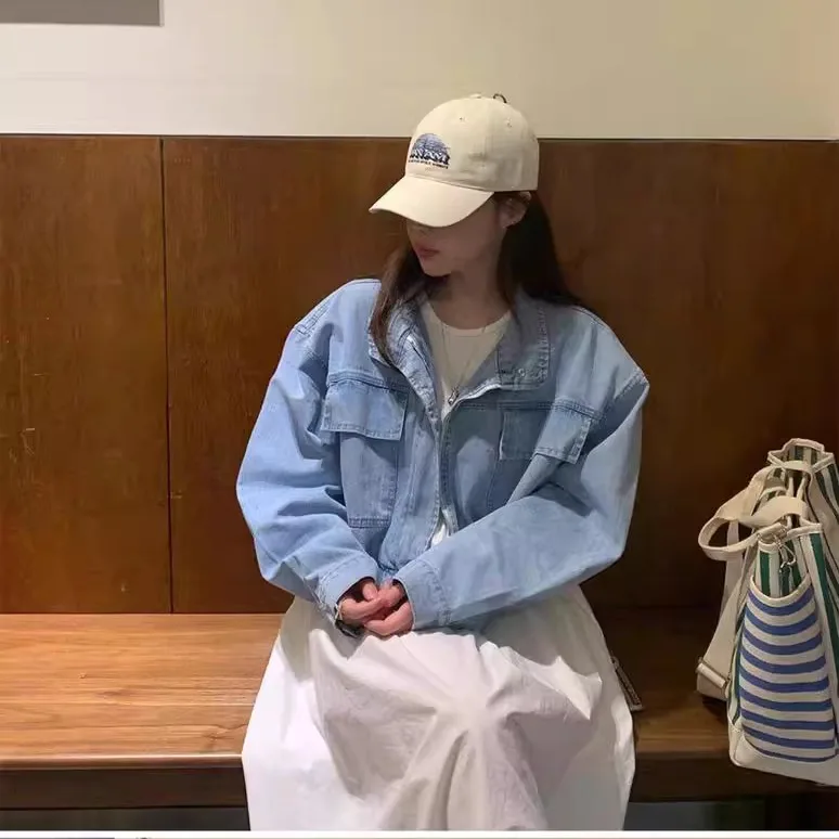 Chic ort Denim Jaet Damen Sweet Cool Workwear Sle Double ket Dstring Casual Loose Fit Spring Faion Top