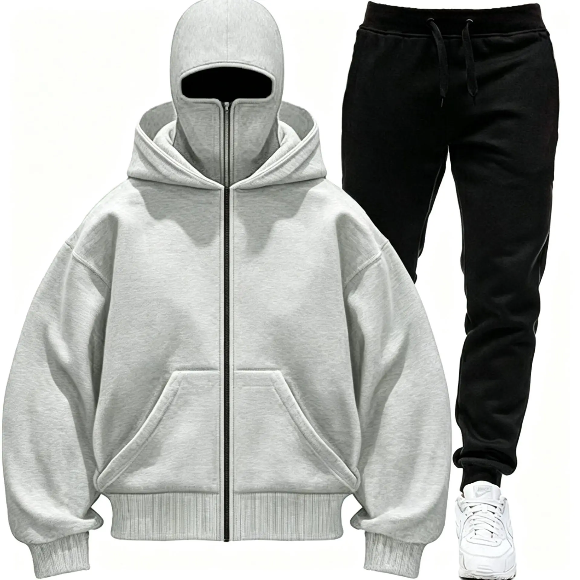 Hot selling men's double layered hooded zipper sweatshirt jacket and pants two-piece set for spring and autumn couples