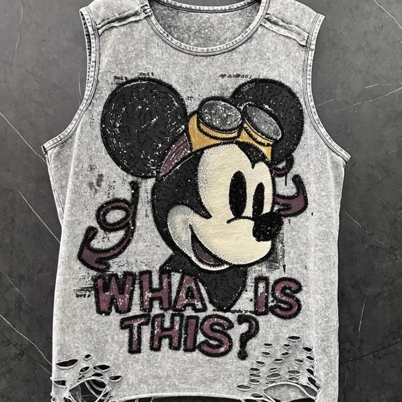 

Новая летняя майка большого размера, европейские товары, блестки, тяжелая промышленность, перфорированный дизайн, футболка без рукавов с рисунком Микки, женская футболка