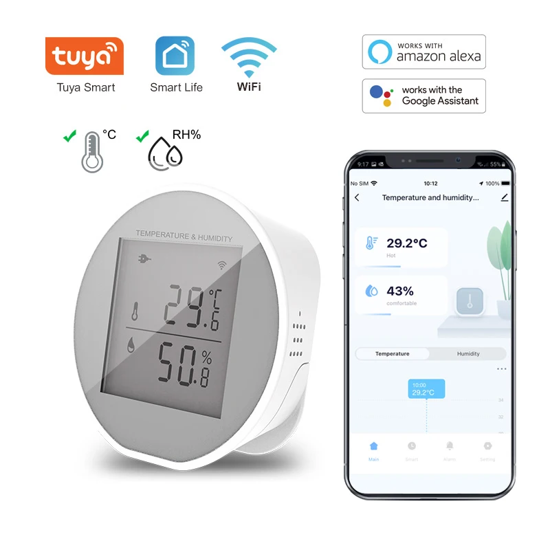 Sensor de temperatura inteligente con WiFi para interiores, higrómetro, termómetro con pantalla LCD, compatible con Alexa y Google Home, Tuya