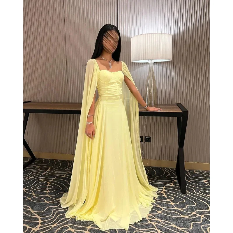 Fimora Yellow Chiffon Long Prom Gown customized A-line Sweetheart Women Party Dress Floor Length Pleated Backless Evening Gowns