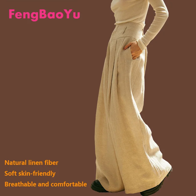 سراويل Fengbaoyu الراقية 100% من الكتان الخالص للنساء عالية الخصر بطول الأرض - سراويل كاجوال بسيطة وأنيقة وفضفاضة