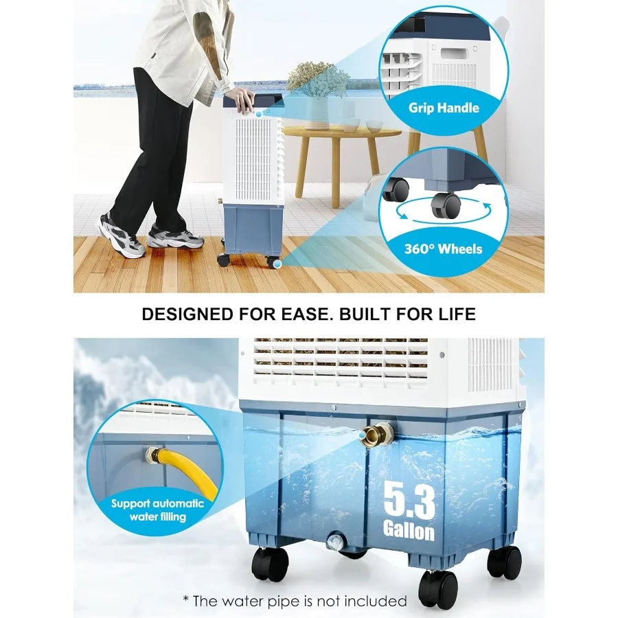 مبرد هواء تبخيري 1800 CFM مع 6 صناديق ثلج وخزان مياه سعة 5.3 جالون لأداء التبريد الممتد 110 Au