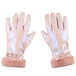Women Winter Plus Velvet Thicken Warm Touch Screen Shiny Fashion Cute Elegant Plush Wrist Bow Waterproof Sports Climbing Gloves