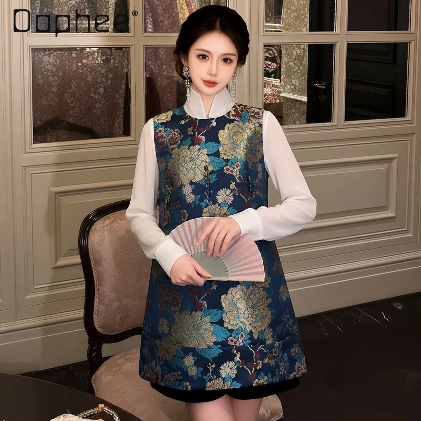 

New Chinese Style Retro Printed Sleeveless Vest Dress High Sense Embroidery Satin Fashion Round Neck Sleeveless A-line Dresses