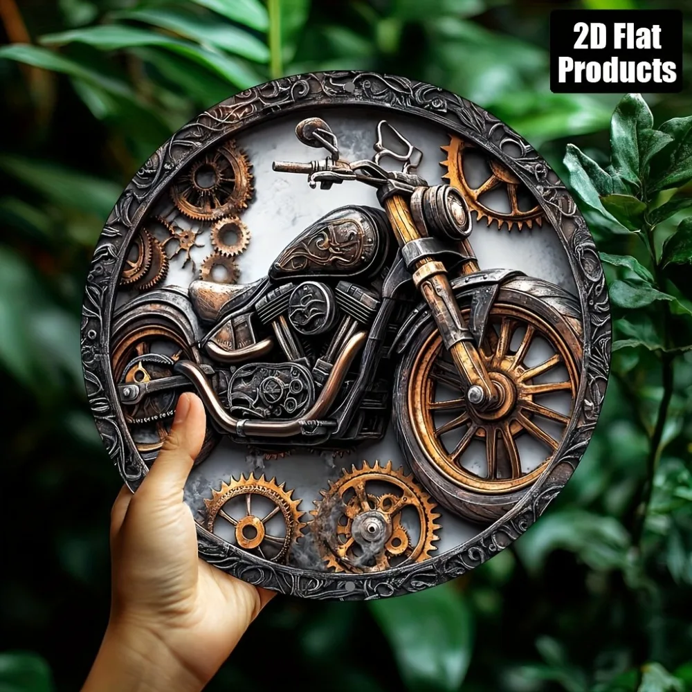 علامة معدنية عتيقة للدراجة النارية - فن دائري مسطح ثنائي الأبعاد مقاس 8 × 8 بوصة مع سلسلة وتروس، مثالية للبار/المنزل، هدية عيد الميلاد للراكبين #2