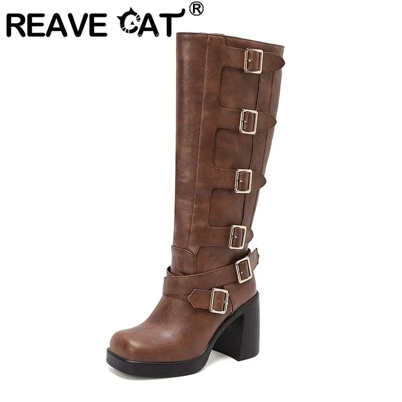 

REAVE CAT Winter Women Knee High Boots Square Toe 9cm Block Heels 2cm Platform Belt Buckles Vintage Autumn Extended Sizes 43-44