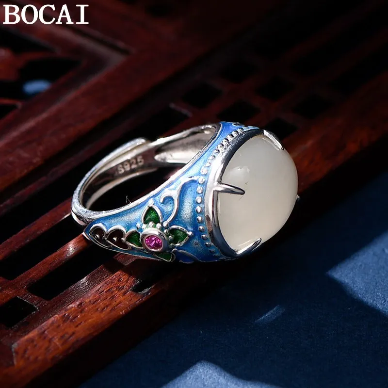 BOCAI S925 Sterling Silver Charms Rings for Women Palace Style Enamel Retro Flowers Pattern Inlaid Jade New Fashion Jewelry