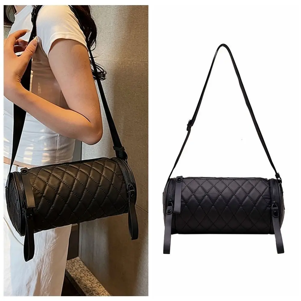 Einfache Einfarbige Zylindertasche Runde Diamant-Bucket-Bag Nylon Breiter Schulterriemen Fassförmige Tasche für Reisen