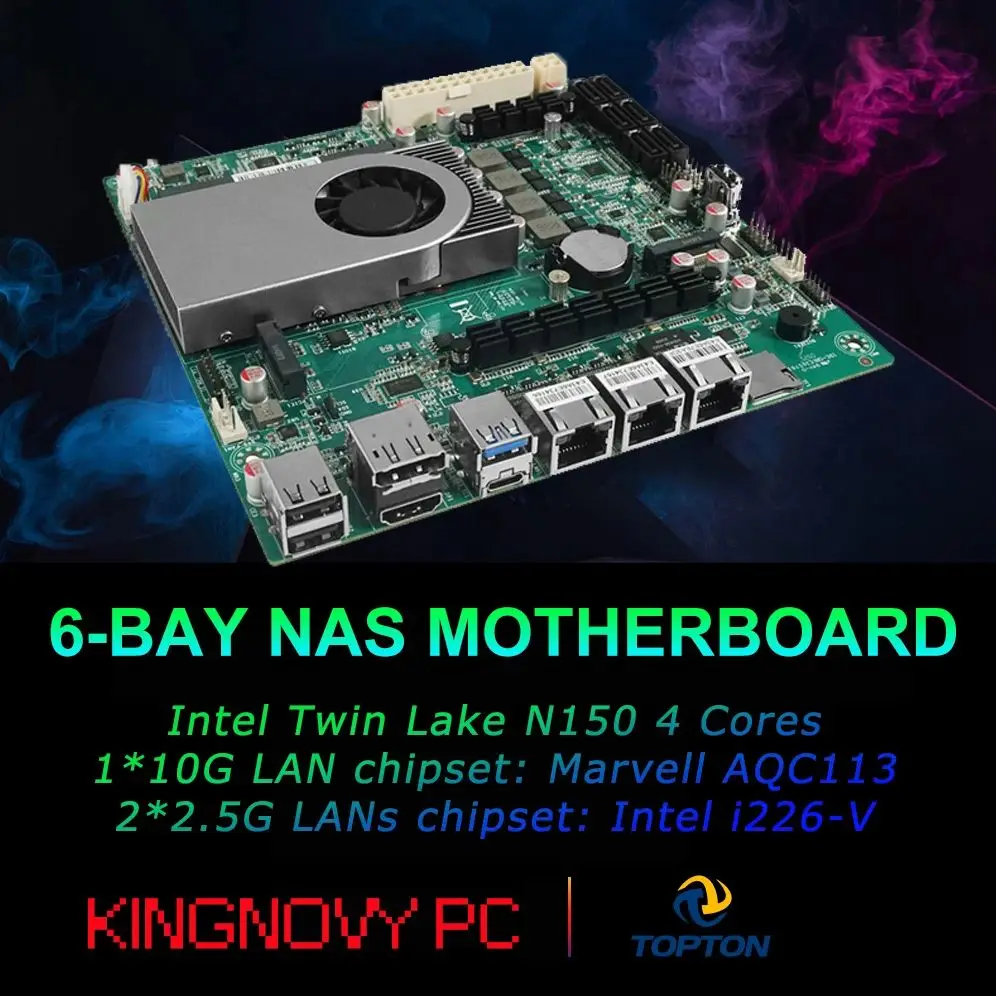 

Материнская плата NAS с 6 отсеками Intel Twin Lake N150, 4 ядра, 1*10G, 2*2,5G LAN 6*SATA3.0 2*NVMe 1*DDR5, брандмауэр, материнская плата ITX, домашний сервер