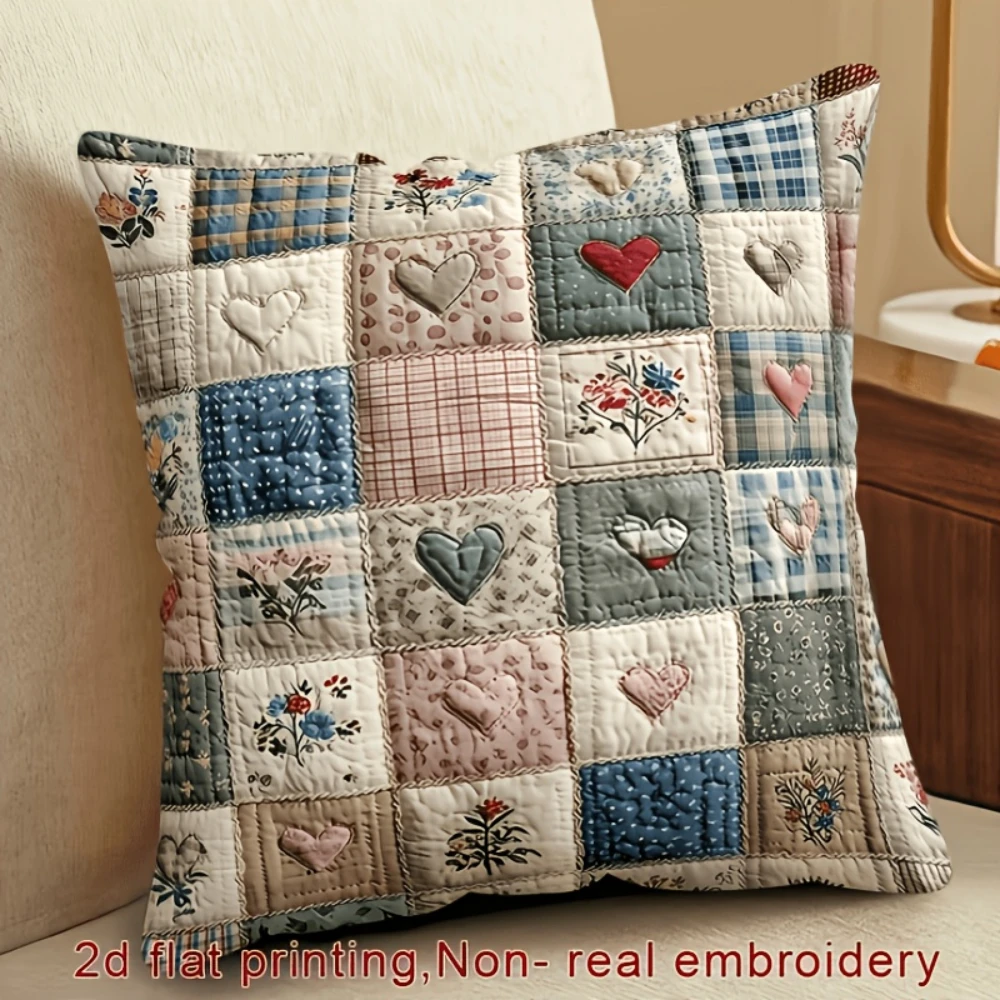 1 single-person throw pillow cover, featuring a patchwork heart print with a Bohemian retro style, suitable for sofa, bedroom
